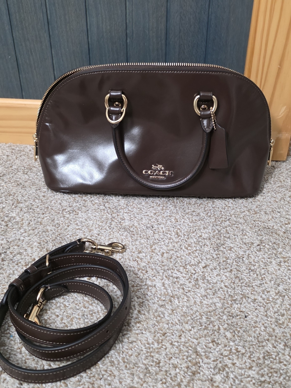 COACH Brown Patent Leather Lara Dome Satchel